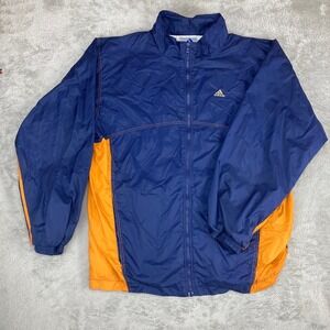 Adidas Mens XL Windbreaker Jacket Full‎ Zip Blue Orange 3 Stripes